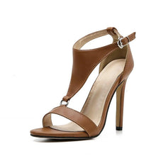Load image into Gallery viewer, Brown T Strap Stiletto Heels