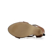 Load image into Gallery viewer, Brown T Strap Stiletto Heels