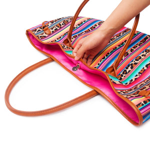 Women Canvas Handbag Blok Color Leopard Striped