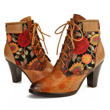 Load image into Gallery viewer, Retro Genuine Boots Women  Leather Embossed Embroidery Stitching Lace Up High Heel