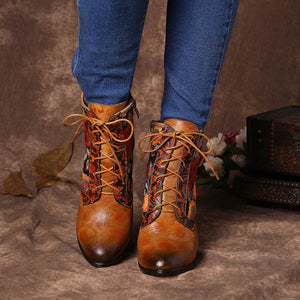 Retro Genuine Boots Women  Leather Embossed Embroidery Stitching Lace Up High Heel