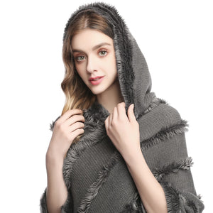 Autumn Knitted Women Fur Hooded Ponchos and Caps Winter