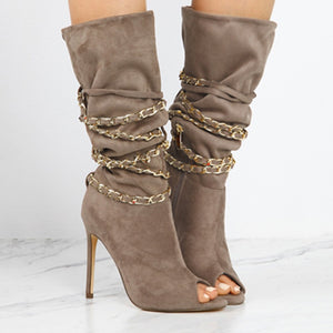 Fashion Women Open Toe Gold Chains Twined Mid Calf Boots