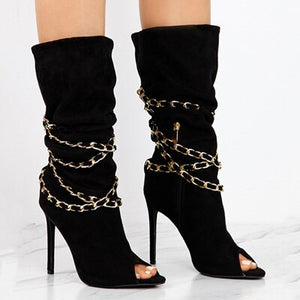Fashion Women Open Toe Gold Chains Twined Mid Calf Boots
