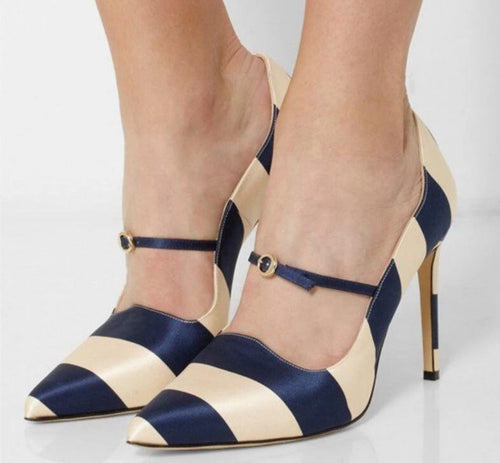 Navy and Beige Stripes Mary Janes Shoes