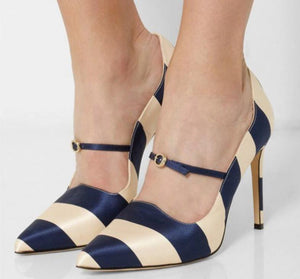 Navy and Beige Stripes Mary Janes Shoes