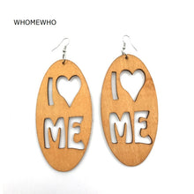 Load image into Gallery viewer, WHOMEWHO Natural Wood Africa Laser Cut I Love Me Heart Geometric Earring Vintage Party African Afro Jewelry Wooden DIY Club Gift