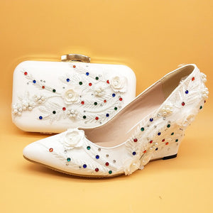 White Lace Flower wedding shoes with matching bags bride High heels Wedges Pumps Ladies Party shoe and bag set Ankle strap shoe