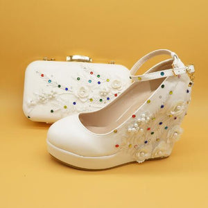White Lace Flower wedding shoes with matching bags bride High heels Wedges Pumps Ladies Party shoe and bag set Ankle strap shoe