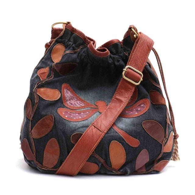 Vintage Real Leather Bags Women Denim & Leather Patchwork
