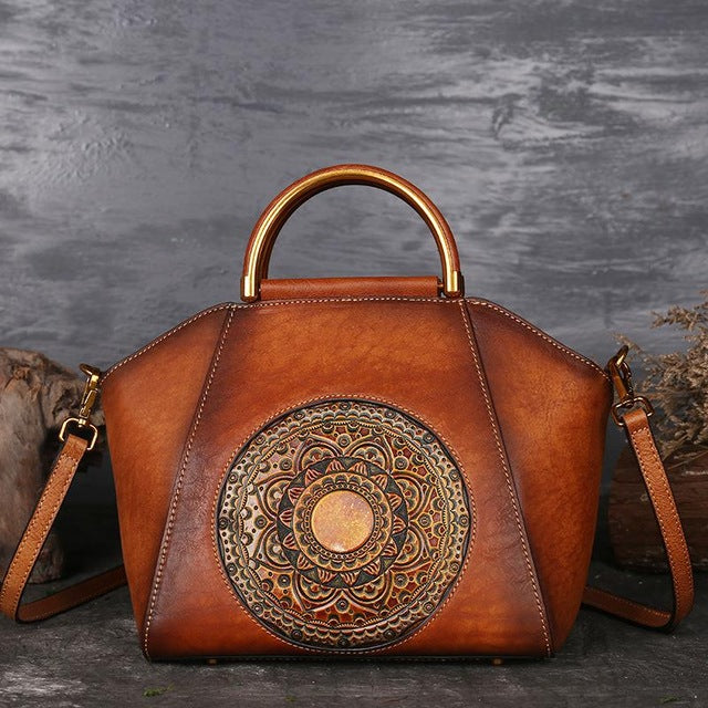 New Women Handbags Genuine Leather Shell Totes Geometric Vintage Cowhide
