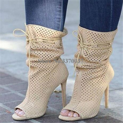 Open Toe Suede Leather Elastic Band Breathable Thin Heel Short Boots