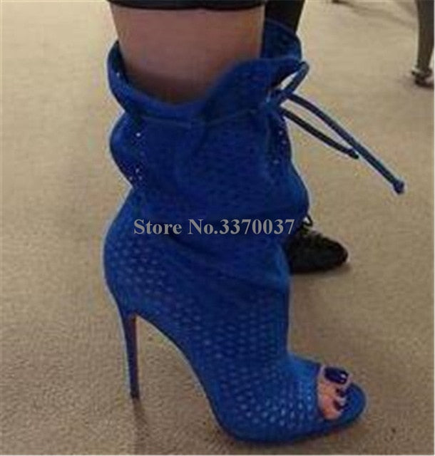 Open Toe Suede Leather Elastic Band Breathable Thin Heel Short Blue Boots