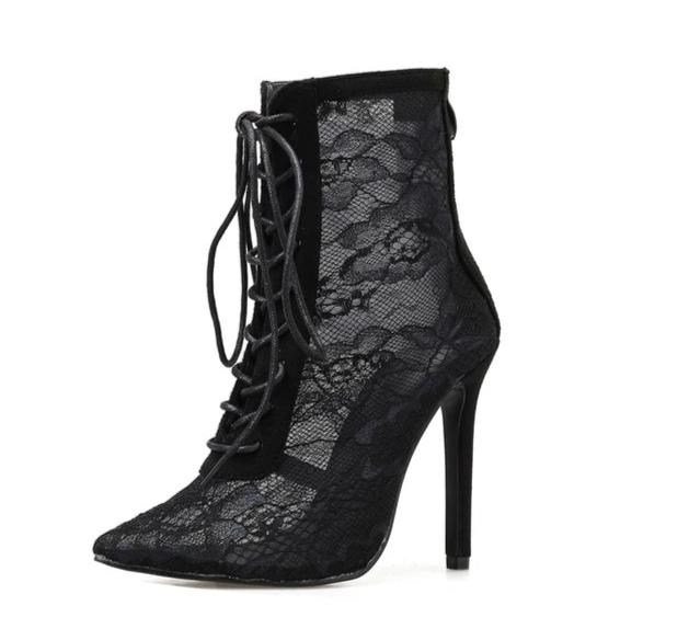 Black Mesh Women's Boots Fashion Pointed Toe Lace-up High Heels