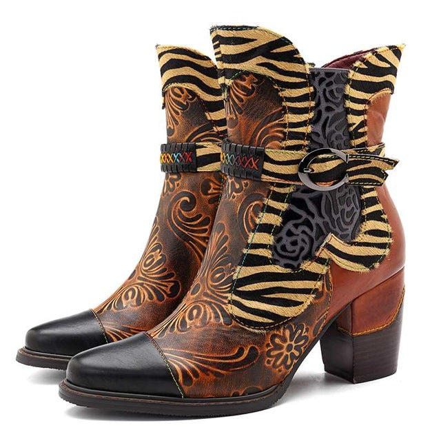 Retro Printed Cowgirl Ankle Boots Women Winter Patchwork
