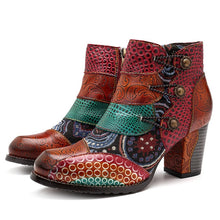 Load image into Gallery viewer, Retro Block High Heels Boots - Splicing Printed Ankle Boots