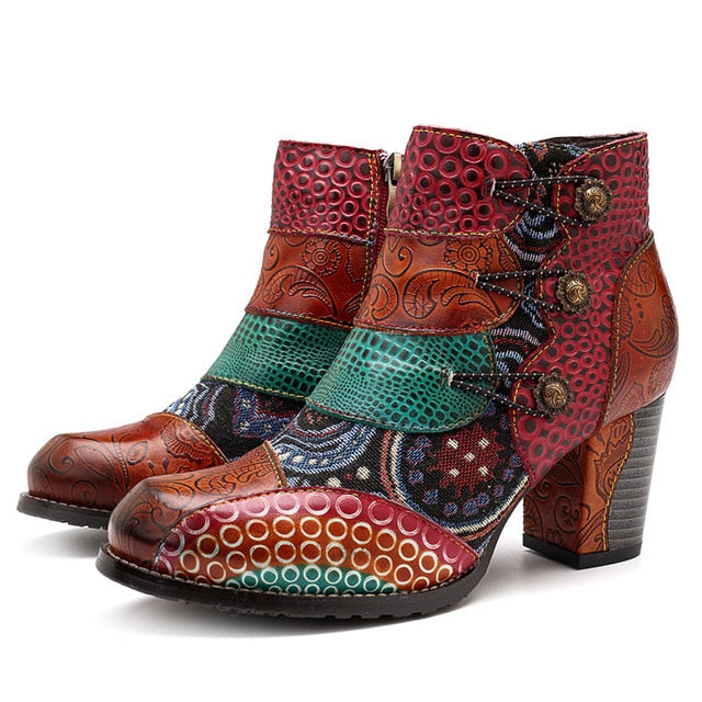 Retro Block High Heels Boots - Splicing Printed Ankle Boots