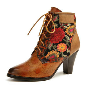 Retro Genuine Boots Women  Leather Embossed Embroidery Stitching Lace Up High Heel