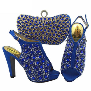Fashion New Blue Color  Rhinestone Woman Shoes And Matching Bag Set