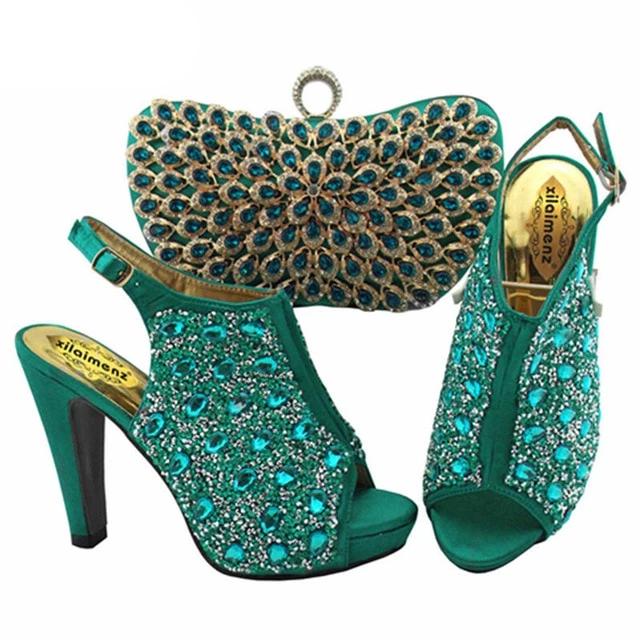 Fashion New Blue Color  Rhinestone Woman Shoes And Matching Bag Set