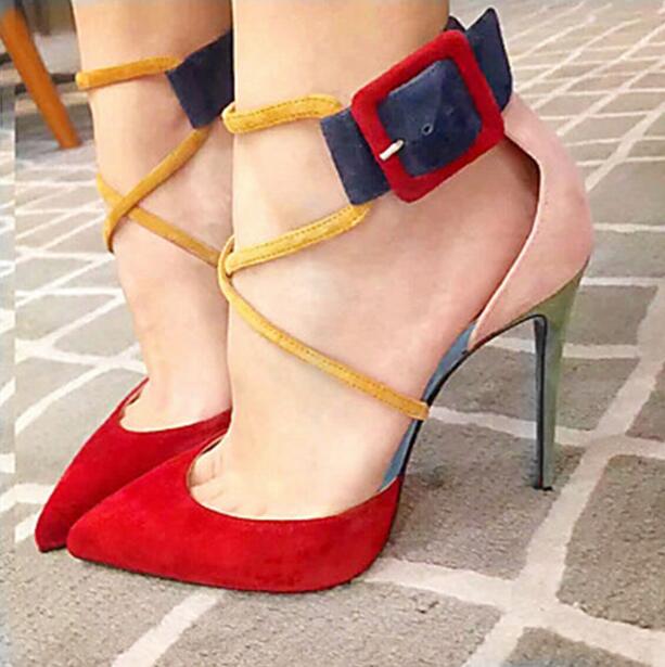 Suede Patchwork Big Buckle Strap Pointed Toe