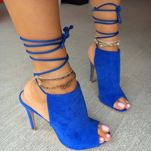 Blue High Heel Open Toe Slingbacks shoes lace up