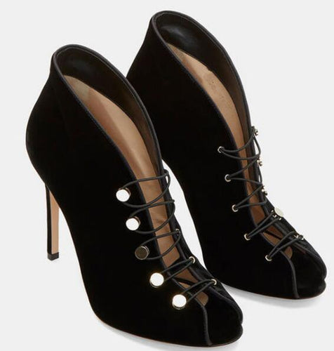 Black Velvet Metal Studded Peep Toe Sexy Booties