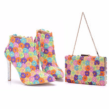 Load image into Gallery viewer, Multicolor Flower Shining Lace Womens Boots Matching bags Clutches