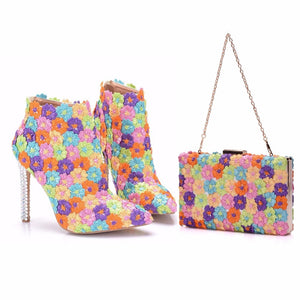Multicolor Flower Shining Lace Womens Boots Matching bags Clutches