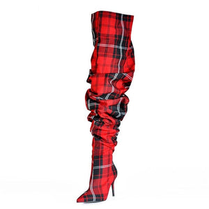 Limited Edition Pleated Boots in Sexy Winter Over the Knee - Plaid Boots Red