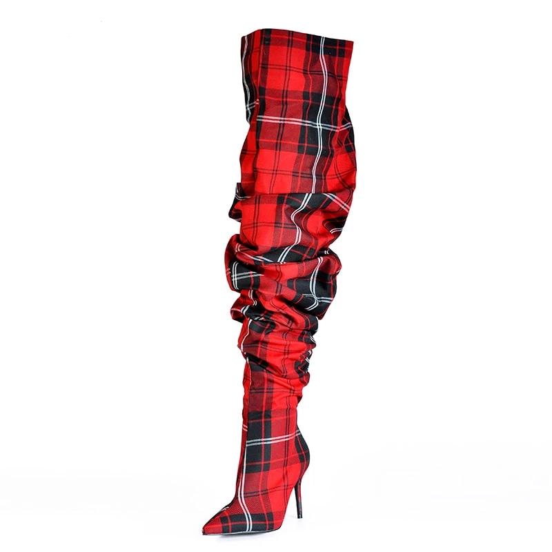 Limited Edition Pleated Boots in Sexy Winter Over the Knee - Plaid Boots Red