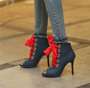 New Fashion Womens Blue Denim Open Toe Boots